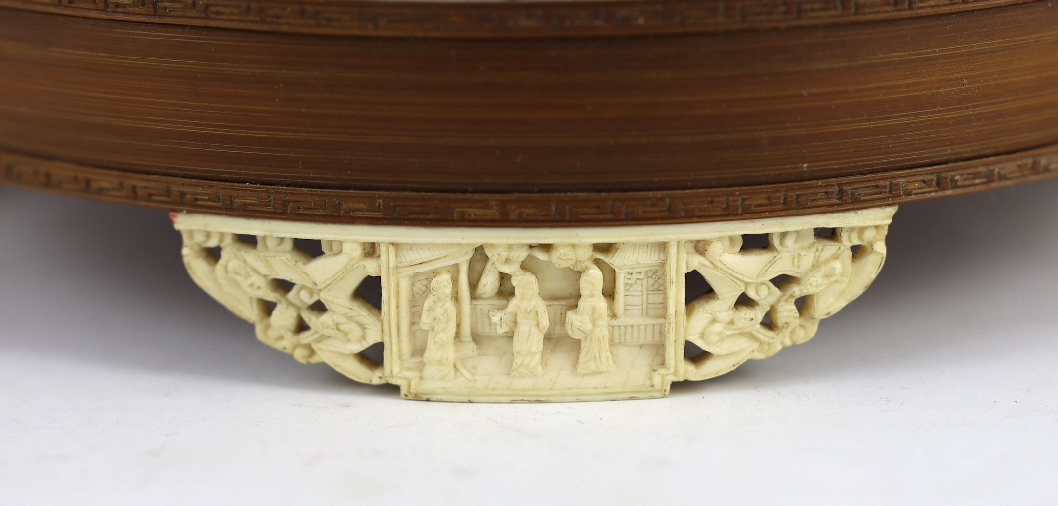 A Chinese bamboo and Guangzhou ivory mounted bird cage, late Qing dynasty, with two Guangxu mark and period porcelain bird feeders (1875-1908), cage 32.5cm high to top of handle